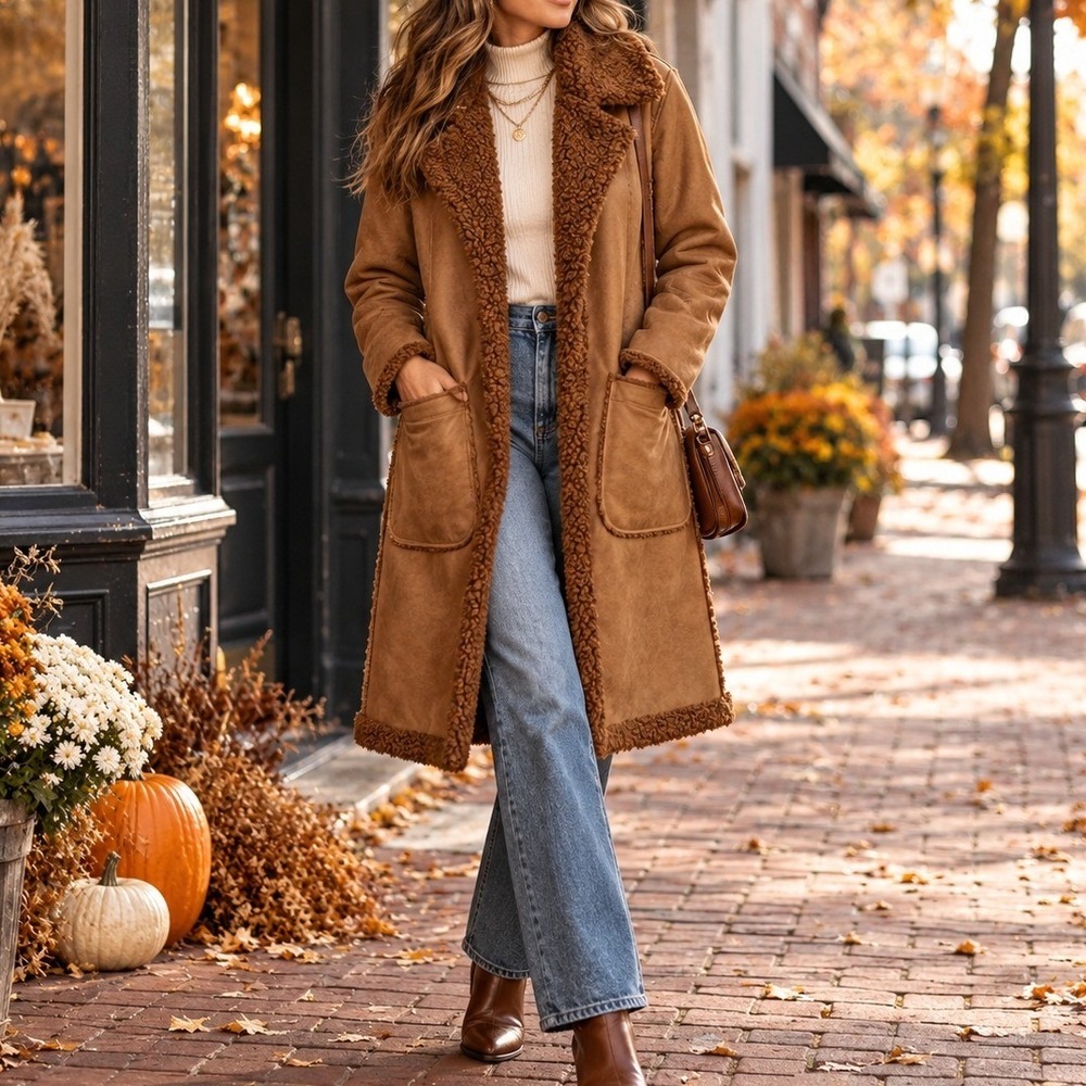 Stradivarius Faux Leather Shearling Longline Coat Tan Brown Small Open Front STR